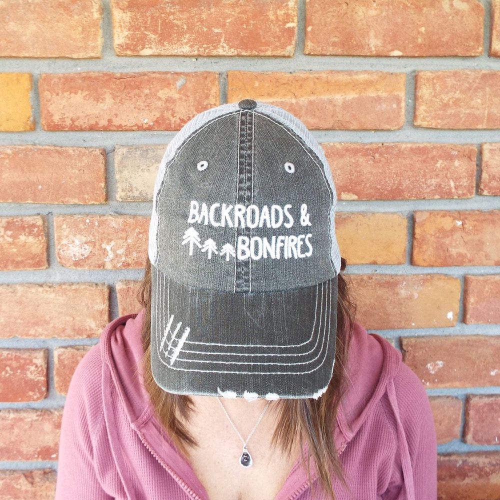 💚LAST 1 Backroads & Bonfires Distressed Trucker Hat Cap 0419 - Picture 2 of 4